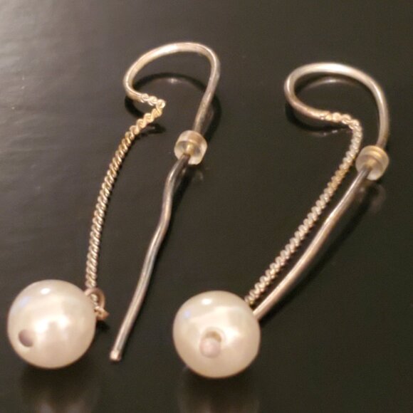 Elegant Dangling Pearl Earrings - Silver & Gold Tone - 2" Length - Classy & Mo - Picture 1 of 4